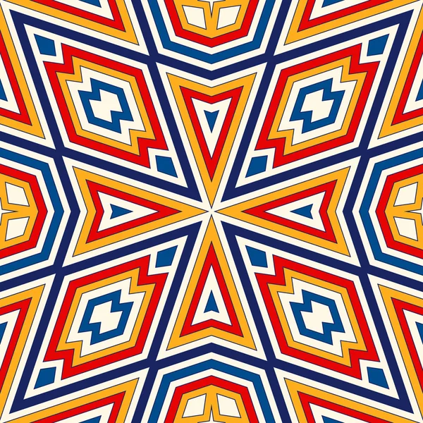 Helles, nahtloses Muster mit symmetrischen geometrischen Ornamenten. bunte abstrakte Hintergrund. Ethnische und Stammesmotive. — Stockvektor