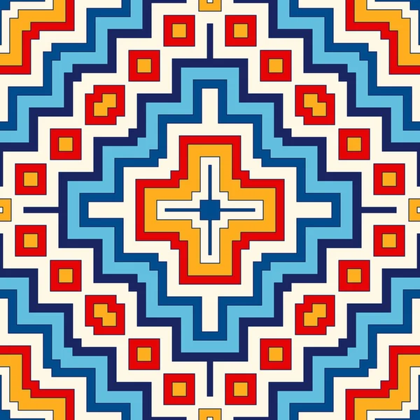 Simetrik geometrik süsleme ile parlak seamless modeli. Renkli arka plan. Etnik ve kabile motifleri. — Stok Vektör