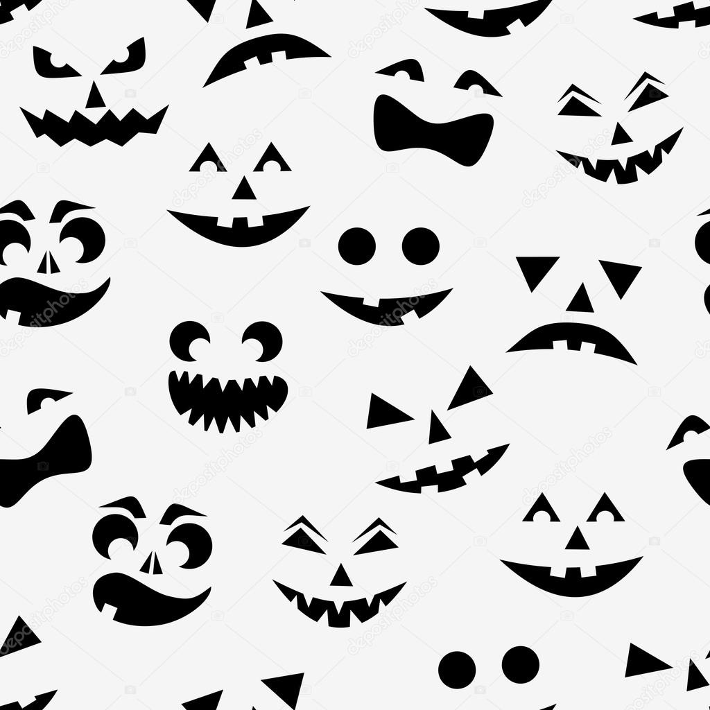 Seamless pattern with black halloween pumpkins carved faces silhouettes on white background.