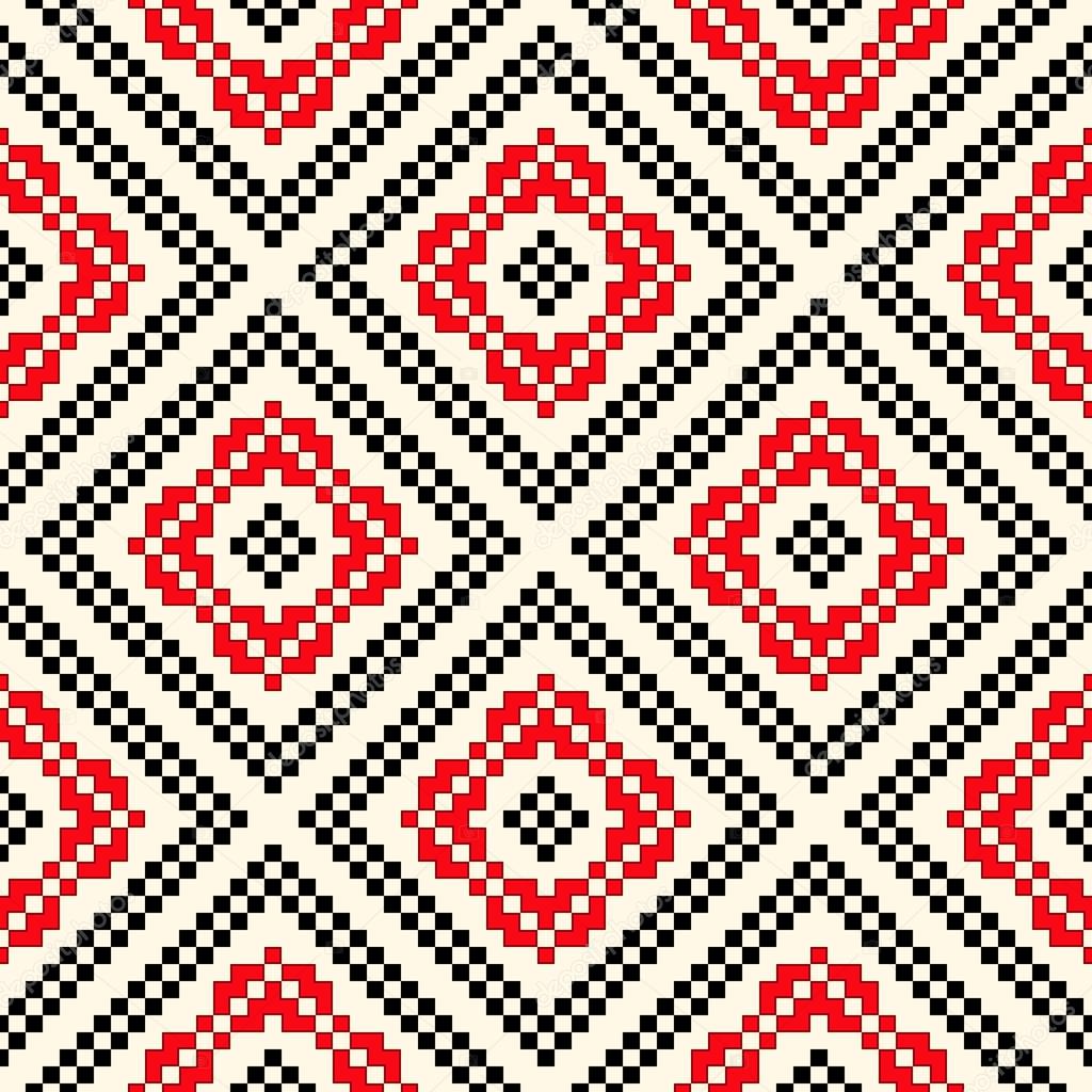 Seamless pattern with ethnic geometric abstract ornament. Cross stitch slavic embroidery motifs.