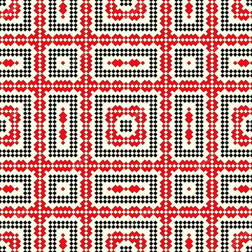 Seamless pattern with ethnic geometric abstract ornament. Cross stitch slavic embroidery motifs.