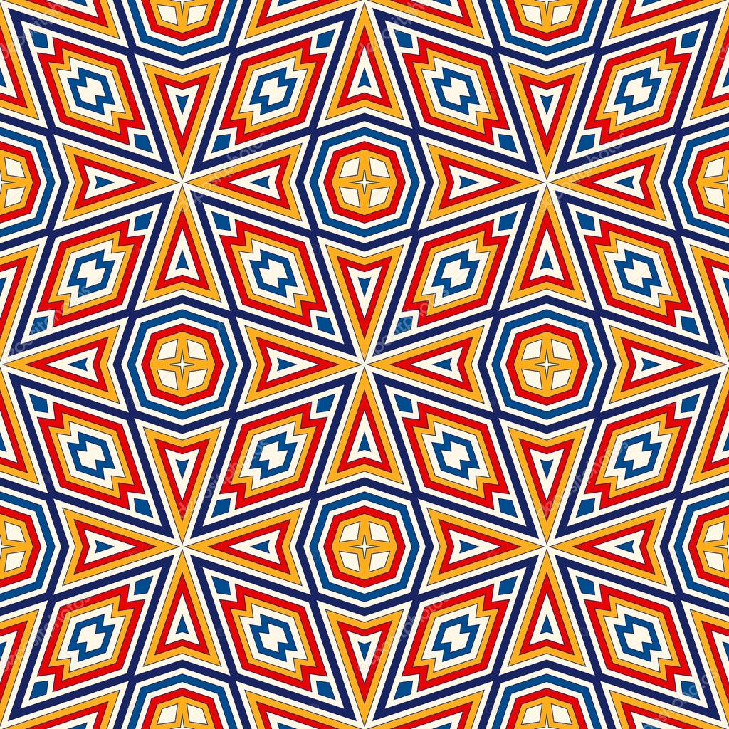 Bright seamless pattern with symmetric geometric ornament. Colorful abstract background. Ethnic and tribal motifs.