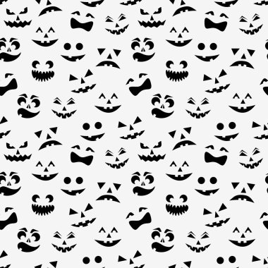 Siyah halloween pumpkins ile Seamless Modeli yüzler siluetleri beyaz arka plan üzerinde oyulmuş. Vektör çizim