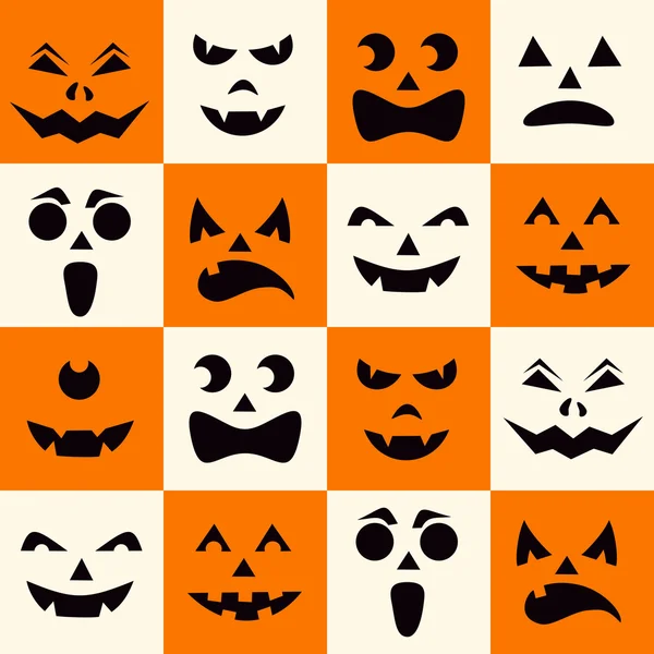 Vzor bezešvé s černým halloween dýně vytesané tváře siluety na šachovnicové pozadí. Vektorové ilustrace — Stockový vektor