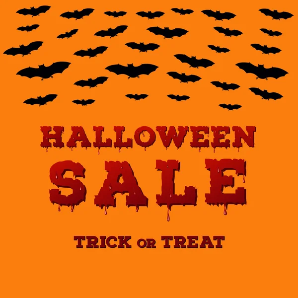 Folheto com inscrição de venda de Halloween em abóboras fundo cor de laranja. Modelo de cartaz com lua cheia, morcegos — Vetor de Stock