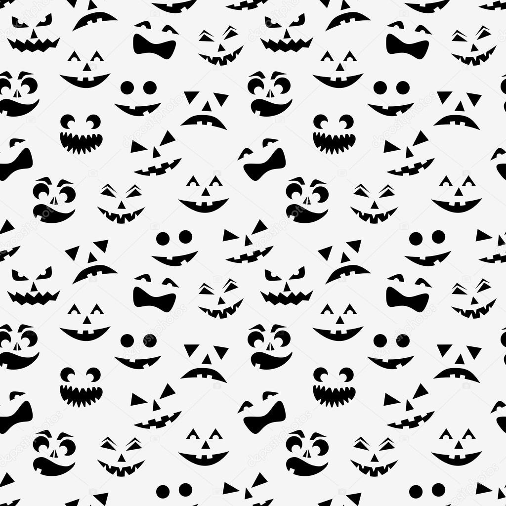 Seamless pattern with black halloween pumpkins carved faces silhouettes on white background. Vector illustration