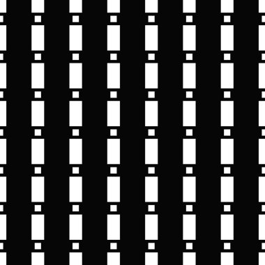 Siyah arka planda büyük ve küçük beyaz dörtgenler tekrarlanıyor. Kare ve dikdörtgen süslemeli kusursuz yüzey dizaynı. Poligonlar duvar kağıdı. Kesik ve noktalı çizgiler motifi. Dijital kağıt.