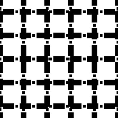 Beyaz arka planda tekrarlanan siyah figürler. Geometrik şekilli kusursuz yüzey desenli süsleme. Poligonlar duvar kağıdı. Çarpık ve noktalı çizgiler motifi. Baskı için dijital kağıt. Vektör.