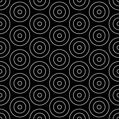 Tekrarlanan küçük ve büyük beyaz daireler. Dairesel süslemeli kusursuz yüzey desenli tasarım. Çember duvar kağıdı. Yuvarlak motif. Küre görüntüsü. Yüzüklü dijital kağıt. Klasik biçim vektör sanatı