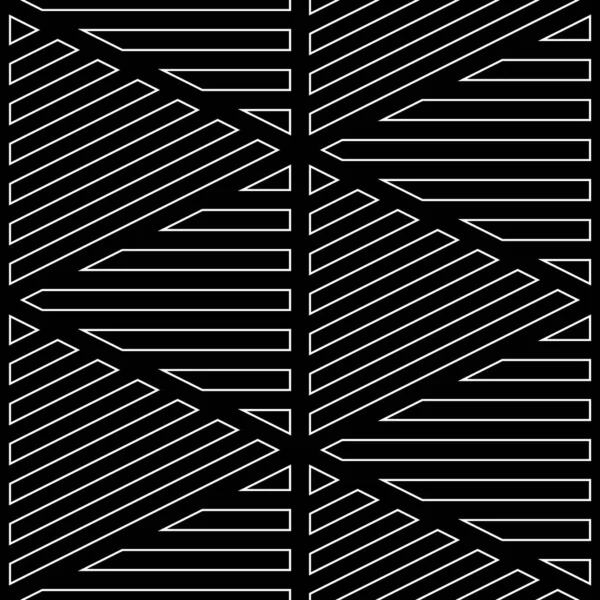 黑色背景上的白色对角线和水平线轮廓 采用线形装饰的无缝面图案设计 斜纹墙纸 哈希中风的主题 带有角条纹的数字纸 — 图库矢量图片