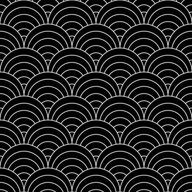 Balık pullu duvar kağıdı. Tekrarlanan deniz taraklarıyla geleneksel Asya süsü. Siyah arkaplanda tekrarlanan beyaz kıvrımlar. Yarı daireli kusursuz yüzey dizaynı. Şebeke motifi. Dijital kağıt. Vektör.