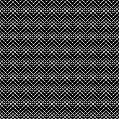 Siyah arka planda siyah iç içe geçmiş şekiller. Çiçek şekilli bir görüntü. Etnik mozaik fayans motifi. Doğu vitrinleri. Pul süslemeli kusursuz yüzey desenli tasarım. Vektör.