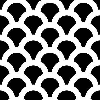 Japonya geleneksel etnik nakış süslemeleri tekrarlanan deniz taraklarıyla. Balık pulu. Deniz tarağı geçmişini tekrar et. Pul ile kusursuz yüzey dizaynı. Eski Japon Sashiko Uroko motifi. Squama.