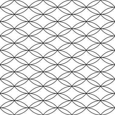 Siyah arka planda beyaz figürler. Oval ve eşkenar şekilli görüntü. Etnik mozaik fayans motifi. Birbirine kenetlenmiş dairesel oryantal süsleme ile eski, pürüzsüz yüzey deseni tasarımı.