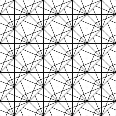Birbirine kenetlenmiş çokgenler tessellasyon arka planı. Üçgenleri, dörtgenleri ve beşgenleri olan kusursuz yüzey dizaynı. Modern Japon motifi. Şebeke resmi. Tekstil baskısı için dijital kağıt. Vektör ızgarası.