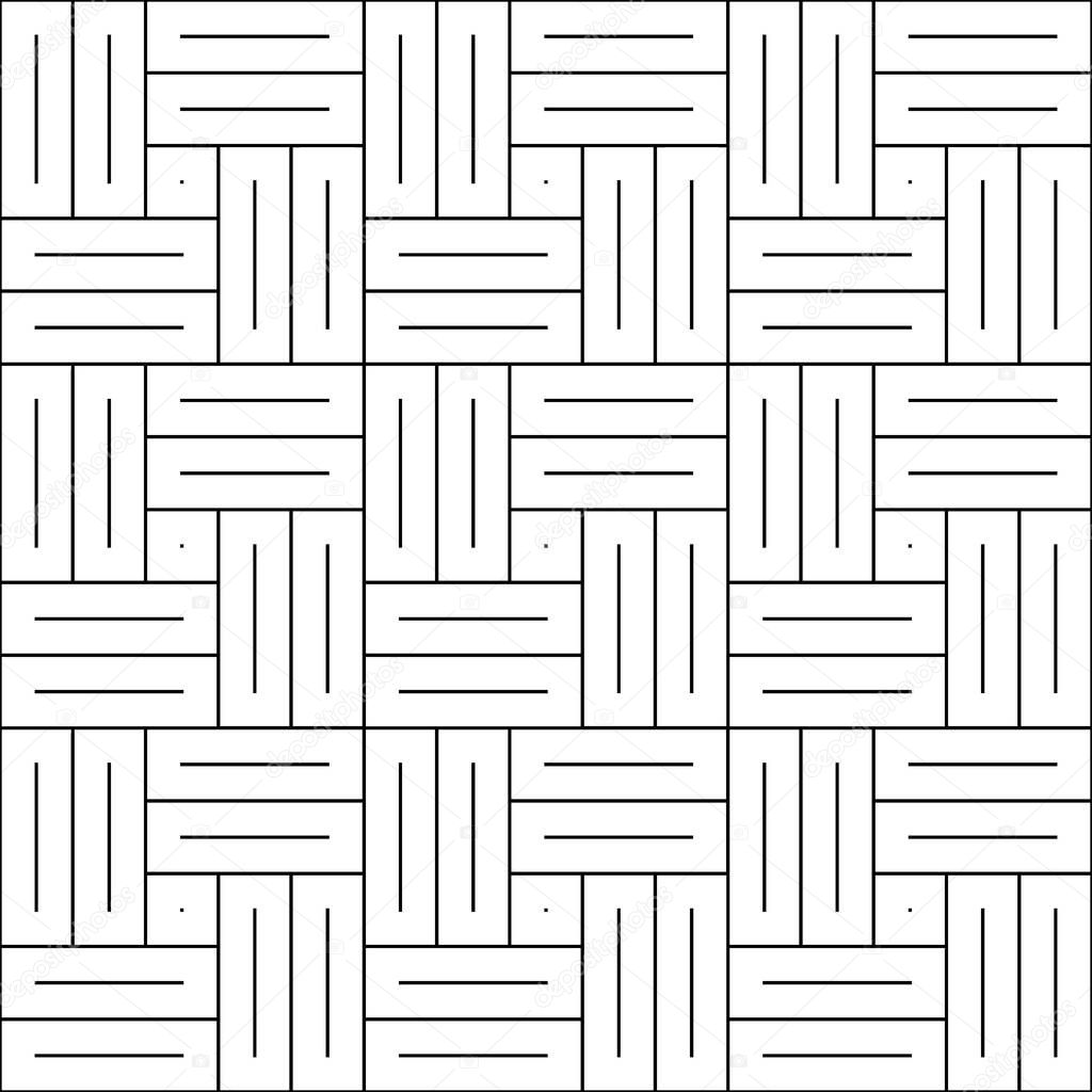 Parquet pattern. Basket weave motif. Braiding stripes ornament wallpaper. Seamless surface pattern design with white polygons. Digital paper for textile print, web designing. Vector art illustration.
