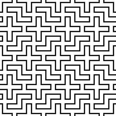 Beyaz arka planda tekrarlanan siyah yapboz. Mantıksal mozaik süslemeli kusursuz yüzey dizaynı. Tetris motifi. Şebeke duvar kağıdı. Sayfa dolguları için dijital kağıt, web tasarımı, tekstil baskısı. Vektör.