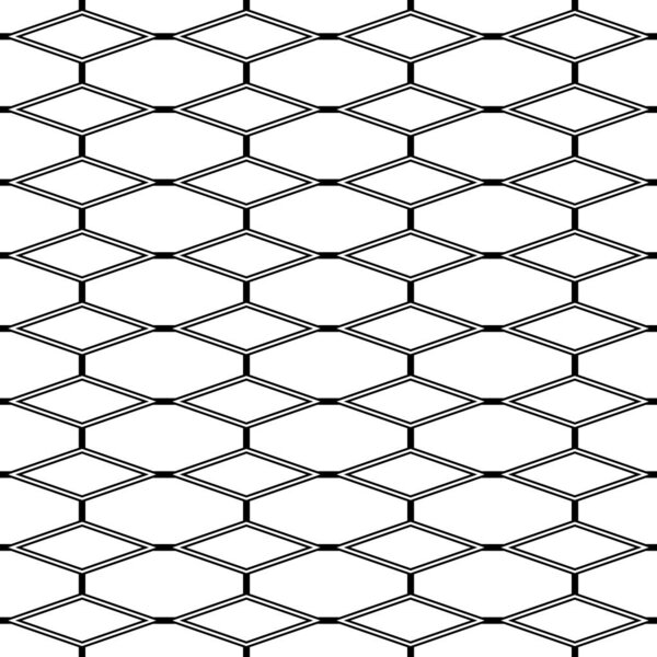 Repeated white figures on black backdround. Diamonds wallpaper. Seamless surface pattern design with elongated octagons and rhombuses. Rabitz motif. Digital paper for textile print. Vector art.