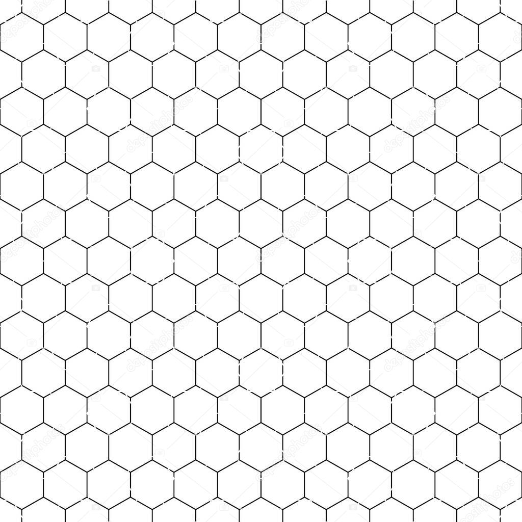 Repeated white polygons on black background. Honeycomb wallpaper. Seamless surface pattern design with regular hexagons. Grill motif. Digital paper for page fills, web designing, textile print. Vector