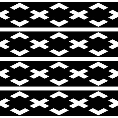 Haçlar, parantezler ve çizgi süslemeleri olan kusursuz yüzey desenli tasarım. Nakış motifi. Siyah arka planda tekrarlanan beyaz figürler. Etnik duvar kağıdı. Sayfa doldurma ve tekstil baskısı için dijital kağıt.