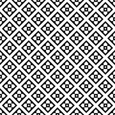 Beyaz arka planda tekrarlanan siyah figürler ve eşkenar dörtgenler. Etnik duvar kağıdı. Pırlanta süslemeli kusursuz yüzey dizaynı. Geometrik motif. Tekstil baskısı için dijital kağıt, web tasarımı