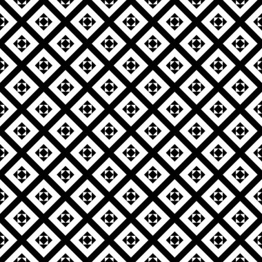 Beyaz arka planda tekrarlanan siyah figürler ve çizgiler. Etnik duvar kağıdı. Pırlanta süslemeli kusursuz yüzey dizaynı. Rhombuses motifi. Tekstil baskısı için dijital kağıt, web tasarımı. Vektör