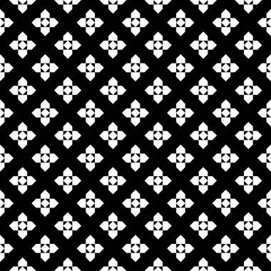 Siyah arka planda tekrarlanan beyaz figürler. Etnik duvar kağıdı. Çiçekli süslemeli kusursuz yüzey desenli tasarım. Rhombuslar ve pentagonlar motifi. Tekstil baskısı için dijital kağıt, web tasarımı.