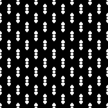 Siyah arka planda tekrarlanan beyaz figürler. Etnik duvar kağıdı. Oklu kusursuz yüzey desenli süsleme. Rhombuslar ve pentagonlar motifi. Tekstil baskısı için dijital kağıt, web tasarımı.