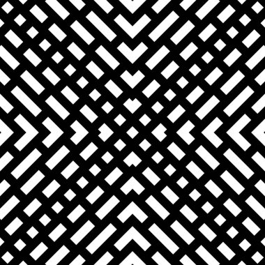 Tekrarlanan beyaz eşkenar dörtgenler, dikdörtgenler, siyah arkaplanda parantezler. Etnik duvar kağıdı. Simetrik çokgenli kusursuz yüzey dizaynı. Geometrik motif. Dijital kağıt. Vektör sanatı