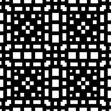 Siyah arka planda tekrarlanan beyaz figürler. Etnik duvar kağıdı. Simetrik çokgenli kusursuz yüzey dizaynı. Geometrik motif. Tekstil baskısı için dijital kağıt, web tasarımı. Vektör