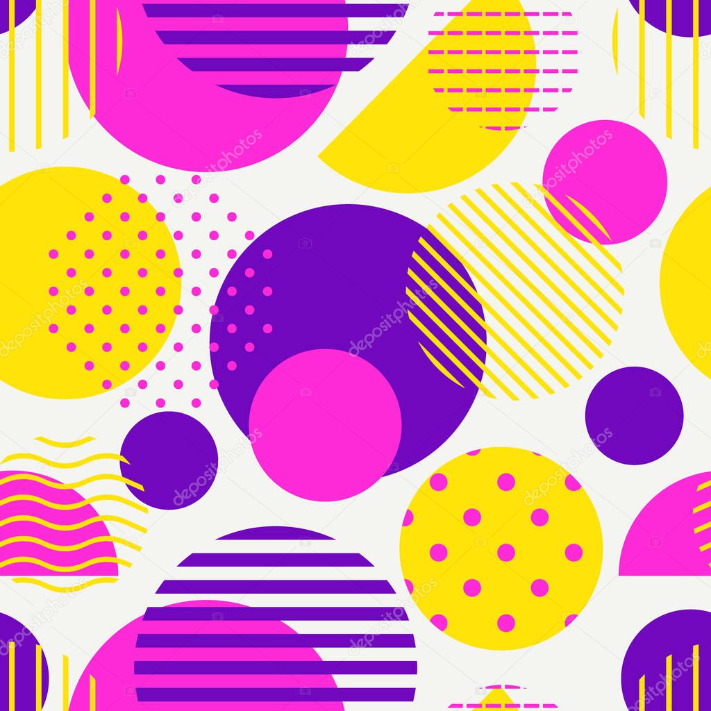 Circle, polka dot, stripe seamless pattern. Mixed texture irregular chaotic shapes print. Modern memphis stile geometric background. Bold trendy contemporary geo wallpaper. Abstract vector ornament