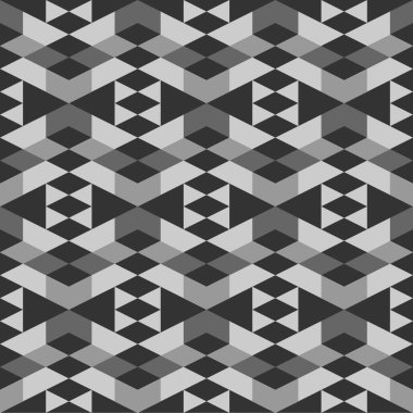 Kusursuz desen. Rhombuslar, üçgenler, trapezyumlar, semboller. Geometrik arka plan. Basit şekiller duvar kağıdı. Etnik kökenli. Poligon motifi. Dijital kağıt, tekstil baskısı, soyut. Vektör.