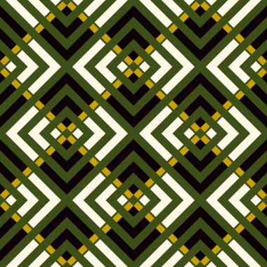Etnik, pürüzsüz bir model. Halk duvar kâğıdı. Şebekeler, kıvrımlar, açı ayraçları, çekler, karolar, fayanslar, eşkenar dörtgenler, elmas süslemeler. Etnik süsleme. Kabile motifi. Etnik mozaik. Vektör, tekstil baskısı.