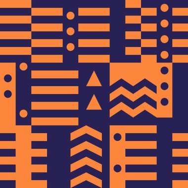 Geometrik dikişsiz desen. Bauhaus tarzı arka plan. Modüler ızgara baskısı. Çizgi, çizgi, ok, daire, dikdörtgen, blok süsü. Moda çağdaş jeo duvar kağıdı. Modern soyut vektör tasarımı