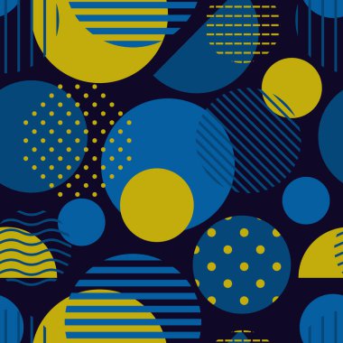 Çember, benekli, çizgili, pürüzsüz desen. Karışık doku düzensiz şekiller. Modern Memphis stil geometrik arka planı. Cesur, çağdaş jeo duvar kâğıdı. Soyut vektör süsü