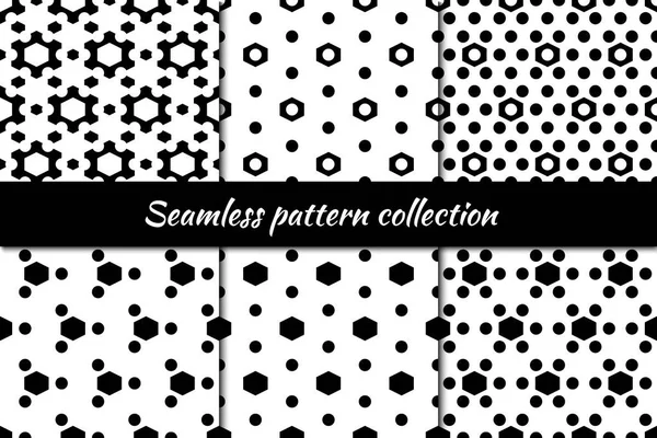 Hexagons Circles Figures Seamless Patterns Collection Folk Prints Ethnic Ornaments — Stock Vector