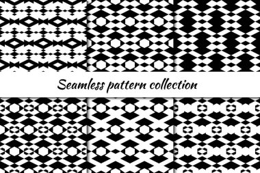 Rhombuslar, elmaslar, pastiller, altıgenler, dikişsiz desenler koleksiyonu. Halk baskısı. Etnik süs seti. Kabile duvar kağıtları kiti. Geometrik arka planlar. Retro motif. Soyut görüntüler. Vektörler paket halinde.