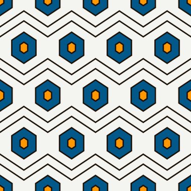 Zigzag kusursuz desen. Altıgen mozaik fayans süsü. Etnik yüzey izi. Tekrarlanan geometrik şekiller arka plan. Süslü duvar kağıdı. Modern coğrafi tasarım dijital kağıt. Vektör soyut sanat