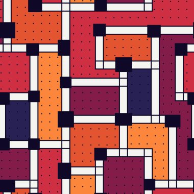 Geometrik dikişsiz desen. Bauhaus tarzı arka plan. Parlak modern mozaik baskı. Aymmetrik çocuksu bulmaca süsü. Çağdaş jeo duvar kağıdı. Soyut vektör tasarımı