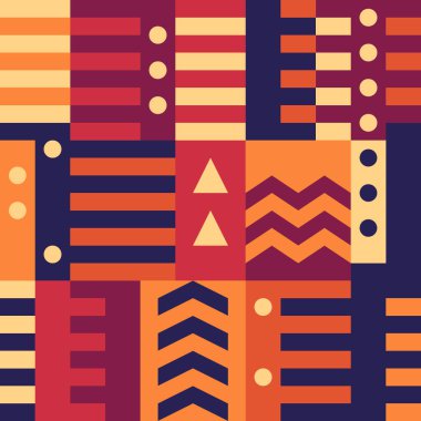 Geometrik dikişsiz desen. Bauhaus tarzı arka plan. Modüler ızgara baskısı. Çizgi, çizgi, ok, daire, dikdörtgen, blok süsü. Moda çağdaş jeo duvar kağıdı. Modern soyut vektör tasarımı