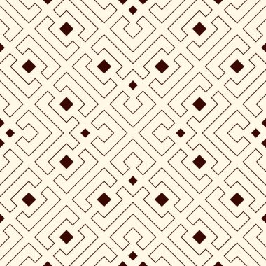 Beyaz arkaplanda tekrarlanan eşkenar dörtgenler ve parantezler. Modern süs motifi. Simetrik geometrik yüzey desenli duvar kağıdı. Dijital kağıt, tekstil baskısı, sayfa doldurma. Vektör sanatı