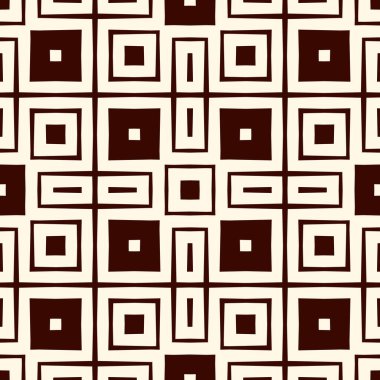 Geometrik şekilli hatsız desen. Tekrarlanan kareler süslemeli soyut arkaplan. Etnik ve kabile motifi. Dijital kağıt, tekstil baskısı, sayfa doldurma. Vektör sanatı