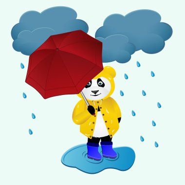 Sevimli çizgi panda ayısı yağmur altında