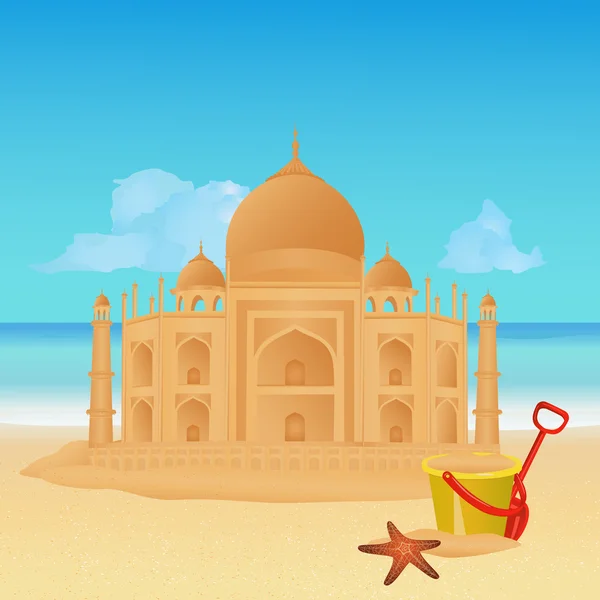 Copy of Taj Mahal made out of sand on tropical beach — Stock Vector