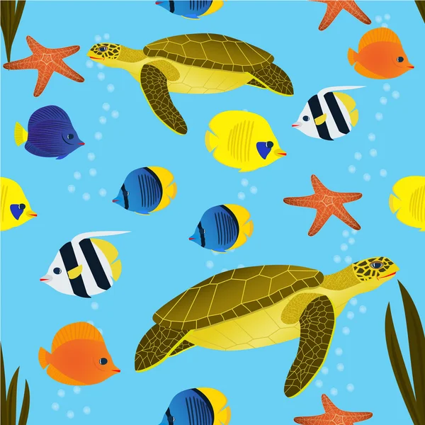 Modèle sans couture avec des tortues de dessin animé et des poissons — Image vectorielle