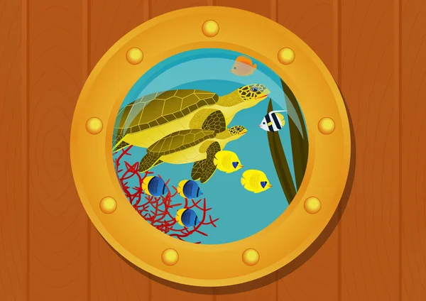 Ship porthole with underwater scene