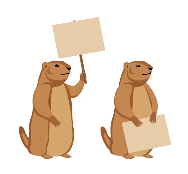 Dos marmotas con carteles de madera . — Vector de stock