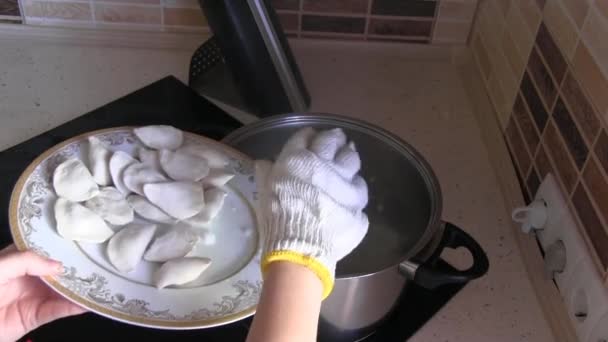 Rellenar las albóndigas en agua hirviendo — Vídeos de Stock