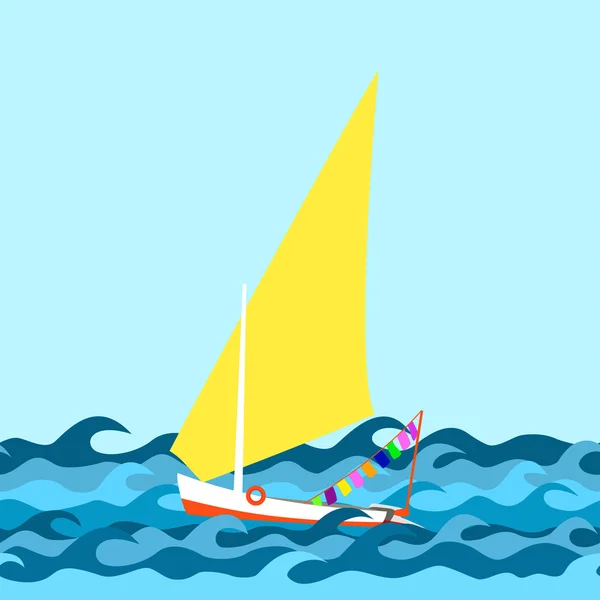 Nahtlose Grenze hergestellt aus Meereswellen und Yacht mit gelben Segel. — Stockvektor