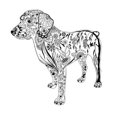 Desenli köpek çizim. El Drawn doodle vektör. Zentangle tarzı